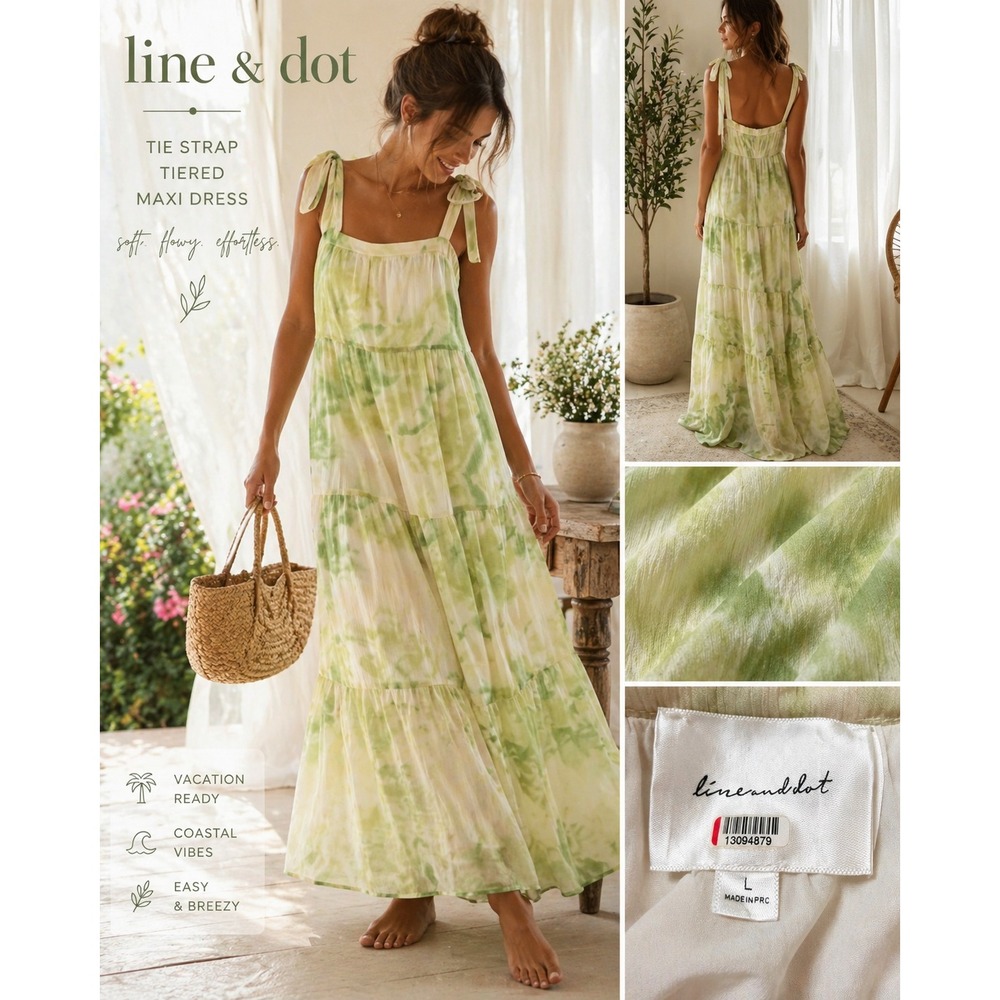 Line & Dot Green Tie Dye Tiered Maxi Dress Tie Strap Large Cottagecore Summer